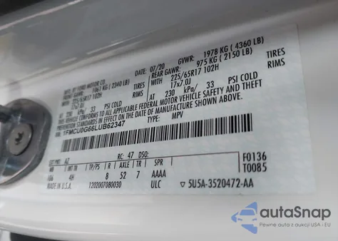 2020 Ford Escape Se from USA, damaged, VIN 1FMCU0G66LUB62347